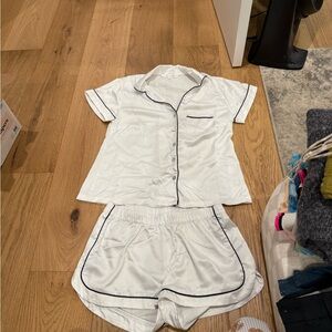 White Short Sleeve Satin Pajama Set with Black Trim